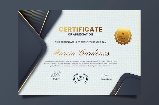 Vector gratuito certificado elegante degradado con detalles dorados.