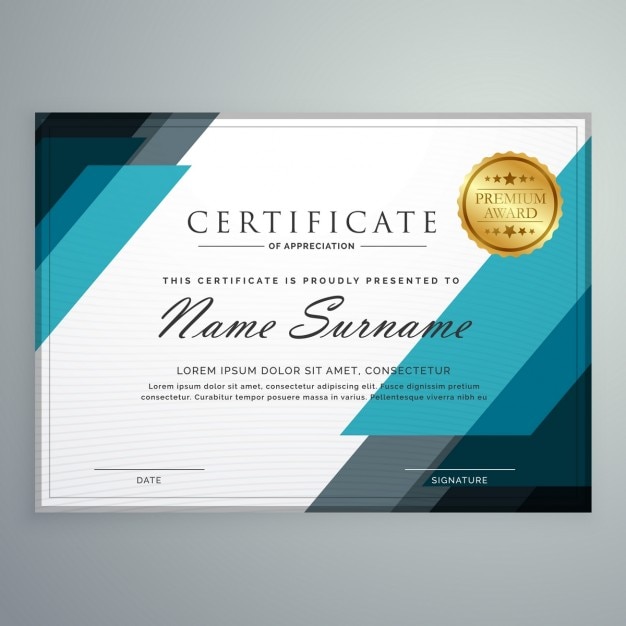 Certificado gris y azul con un sello dorado