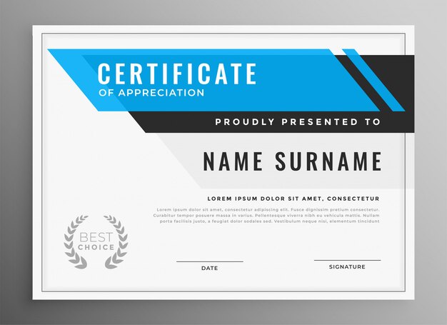 Certificado limpio azul de diseño de plantilla de apreciación