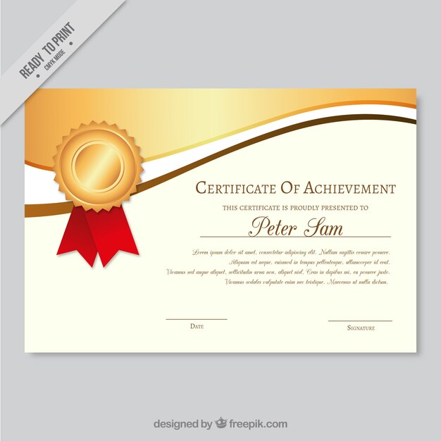 Certificado de logros elegante con formas doradas onduladas
