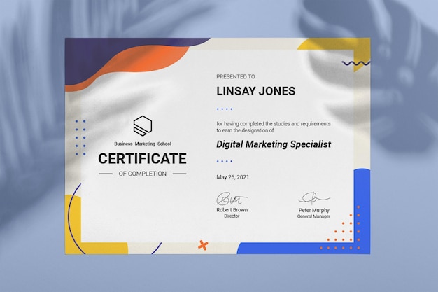 Certificado de marketing colorido abstracto