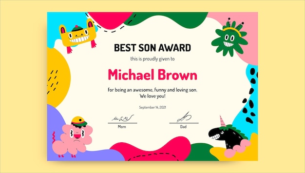 Vector gratuito certificado de niños creativos monstruos divertidos