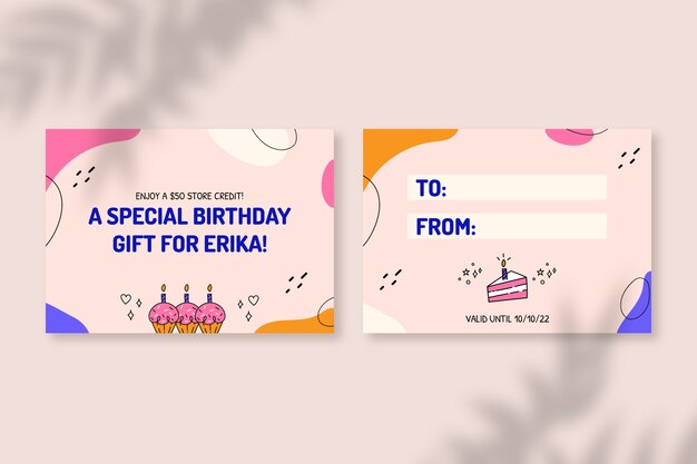 Certificado de regalo de cumpleaños dibujado a mano con formas onduladas