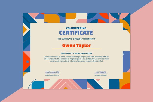 Certificado de voluntariado sin fines de lucro de recaudación de fondos geométricos