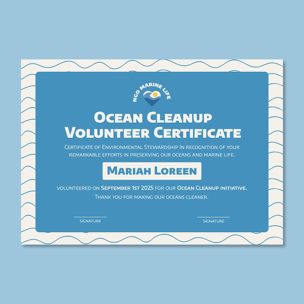 Vector gratuito certificado de voluntario de limpieza del océano con ondas lineales.