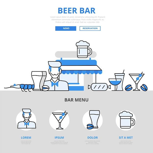 Vector gratuito cerveza bar pub bebida cóctel snack restaurante concepto estilo de línea plana.