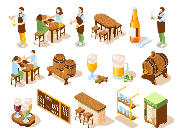 Cerveza pub iconos isométricos bar mostrador barriles menú tablero barman y visitantes personajes aislados ilustración vectorial