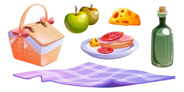 Cesta de césped de picnic con comida, frutas y vino