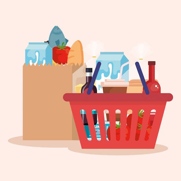 Cesta de la compra y bolsa con productos