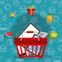 Vector gratuito cesta de la compra con iconos conjunto de marketing