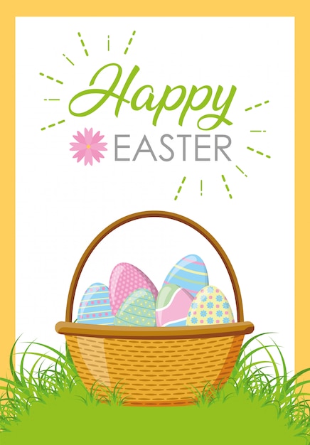 Cesta de mimbre felices huevos de pascua