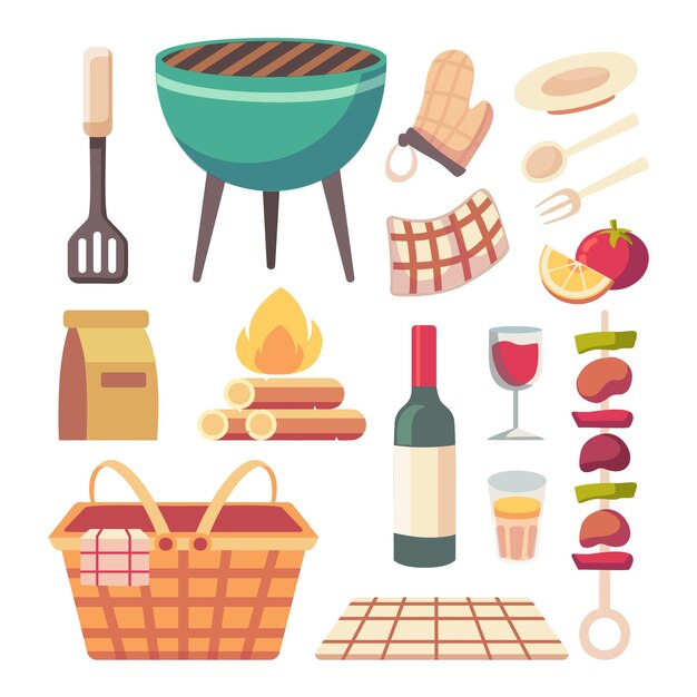 Cesta de picnic bebidas termos tazas platos comida protección solar y más ilustración vectorial