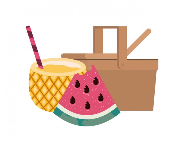 Cesta de picnic con cóctel de piña en blanco