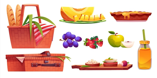 Vector gratuito cesta de picnic para fiesta en el parque ilustración vectorial conjunto de iconos aislados pan de fruta jugo de jamón uvas fresa y pastel comida para almuerzo en el jardín al aire libre elemento de imágenes prediseñadas de producto saludable para llevar