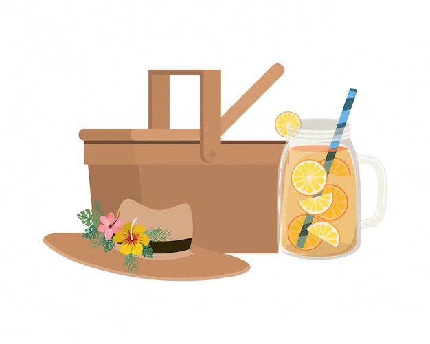 Vector gratuito cesta de picnic con refrescante bebida para el verano.