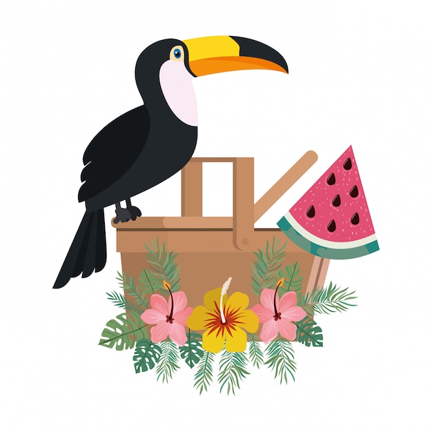 Vector gratuito cesta de picnic con tucan en blanco