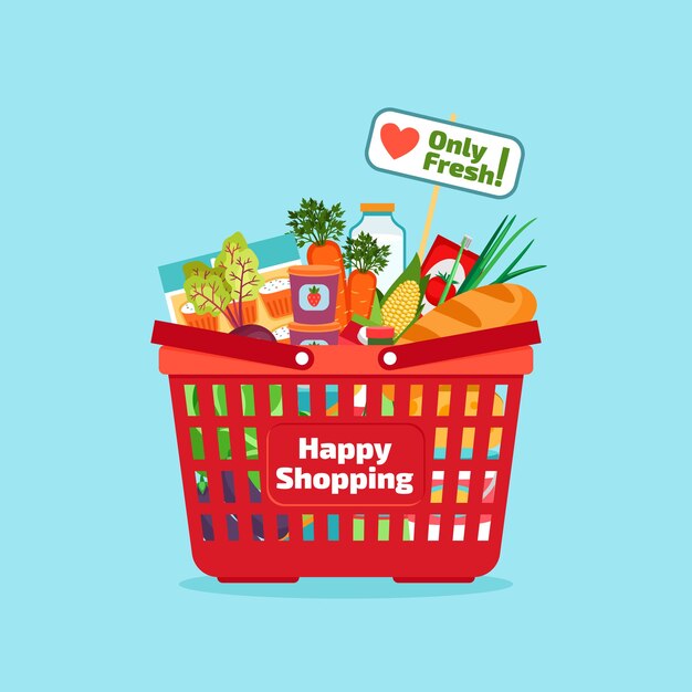 Cesta de supermercado con alimentos frescos y naturales. Vegetal y tienda, orgánico sano, compra vitamina. Ilustración vectorial