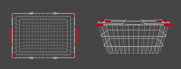 Cesta de supermercado de metal en vista superior y lateral