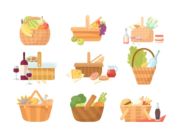 Vector gratuito cestas de mimbre con juego de ilustración de dibujos animados de alimentos. varias cestas de picnic con vino, frutas, verduras, hamburguesas, comida rápida para una cena familiar o una cita romántica al aire libre. verano, comida, concepto de fin de semana.