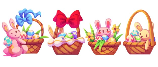 Cestas de Pascua con huevos y conejitos lindos