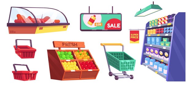 Cestas de supermercado y estantes de mercado