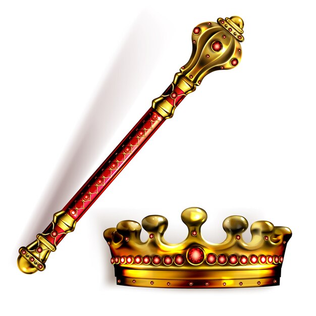 Cetro y corona de oro para rey o reina, varita real y corona con gemas rojas para Monarca. Símbolos del emperador de la monarquía de oro, sombreros de coronación imperial, vara o maza, ilustración vectorial 3d realista