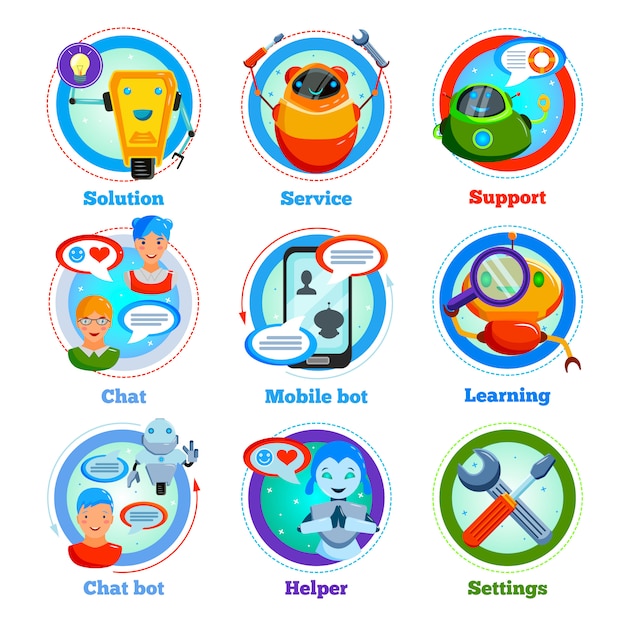 Vector gratuito chat bot iconos planos