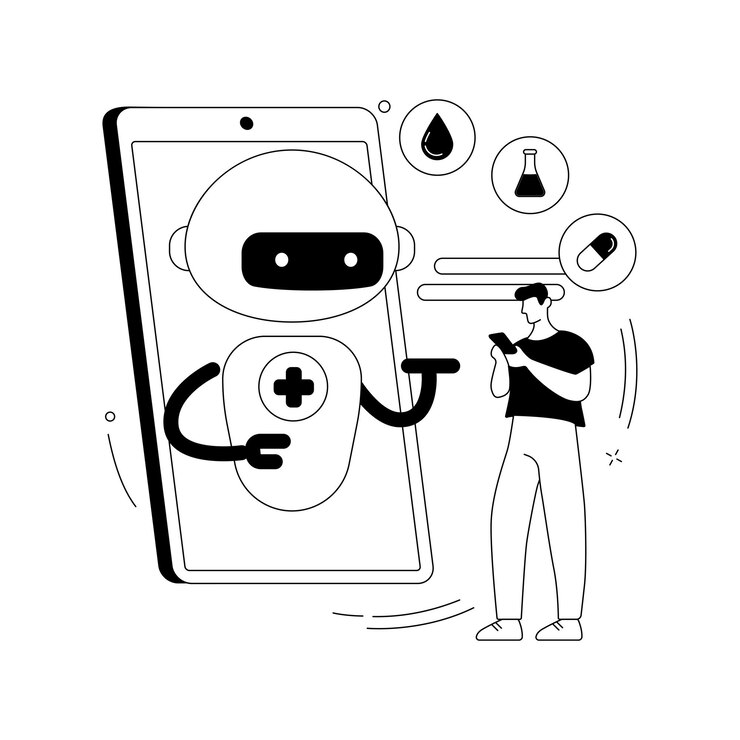 Vector gratuito chatbot en concepto abstracto de atención médica ilustración vectorial cuidador de inteligencia artificial chatbot uso de atención médica clínica de consulta anónima asistente de ia servicio de chat metáfora abstracta