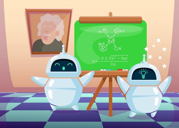 Chatbot de dibujos animados lindo haciendo un nuevo descubrimiento científico. Ilustración plana.
