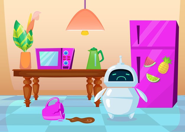 Chatbot de dibujos animados lindo molesto por la taza rota. Ilustración plana.