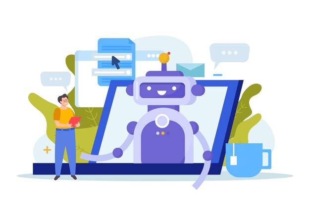Chatbot servicios composición plana con hombre hablando con robot lindo en ilustración de vector de pantalla de portátil