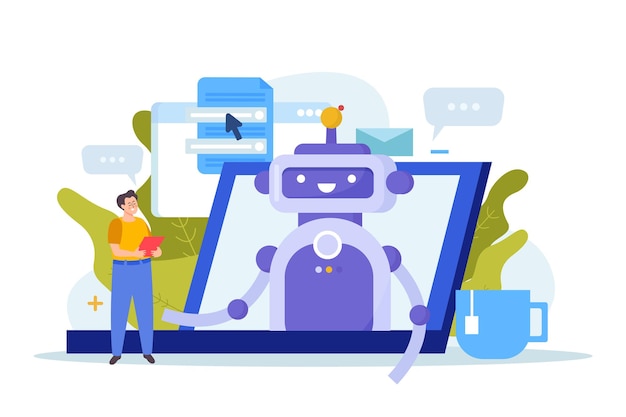 Chatbot servicios composición plana con hombre hablando con robot lindo en ilustración de vector de pantalla de portátil