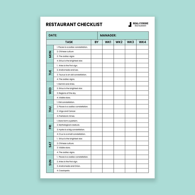 Check list de restaurante de cocina profesional