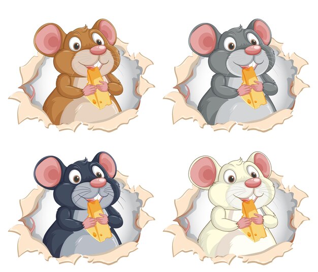 cheerful mice enjoying cheese together