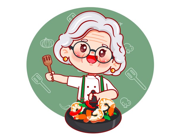 Chef anciana de dibujos animados para el logo de dibujos animados Diseño de logo de comida callejera vector Premium