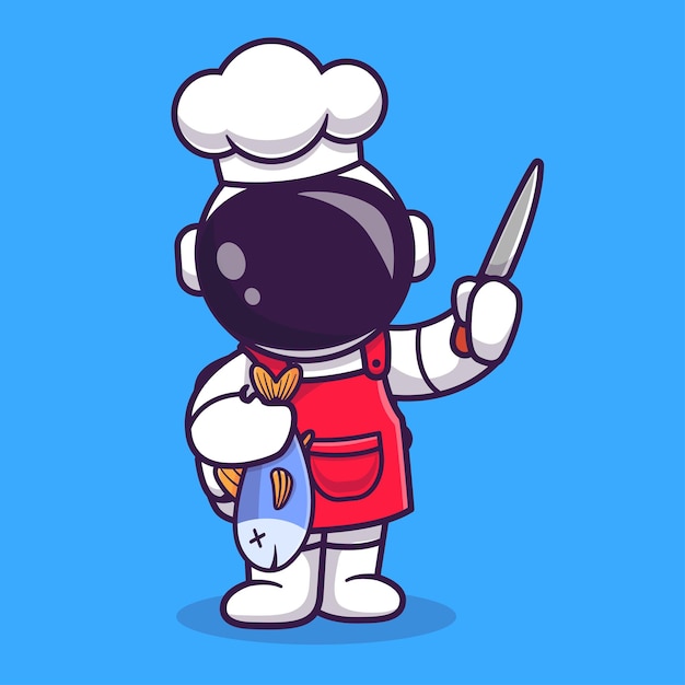 Vector gratuito chef astronauta lindo con pescado y cuchillo dibujos animados vector icono ilustración ciencia comida icono concepto aislado premium vector. estilo de dibujos animados plana