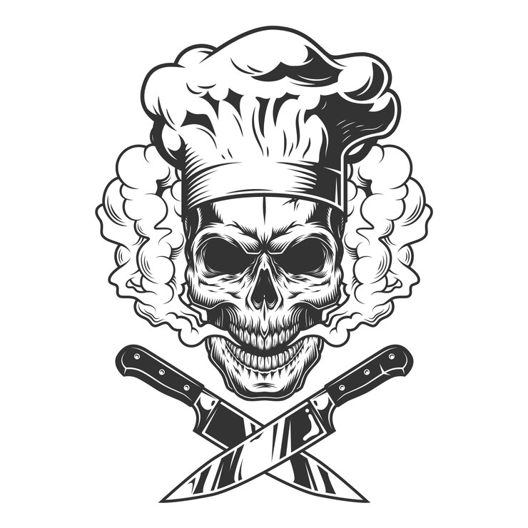 Vector gratuito chef calavera en nube de humo