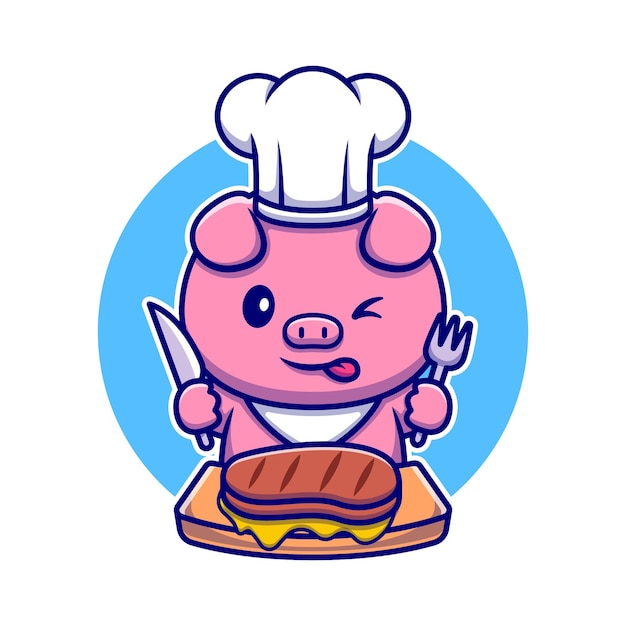 Vector gratuito chef de cerdo lindo comiendo personaje de dibujos animados de filete de ternera. alimentos para animales aislados.