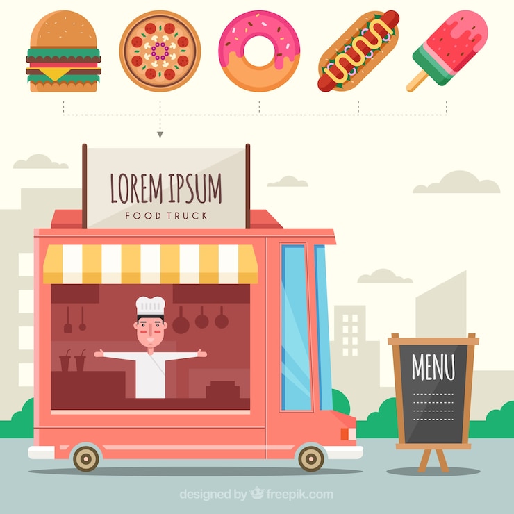 Vector gratuito chef feliz en su camión de comida con comida rápida