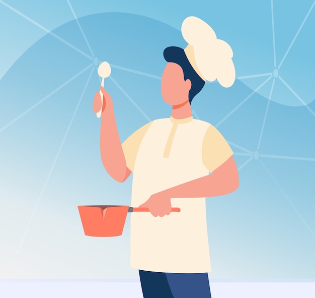 Vector gratuito chef masculino con utensilio con sombrero de cocinero. hombre en uniforme sosteniendo la ilustración de vector plano cuchara y cacerola. clase de cocina, trabajo, blog