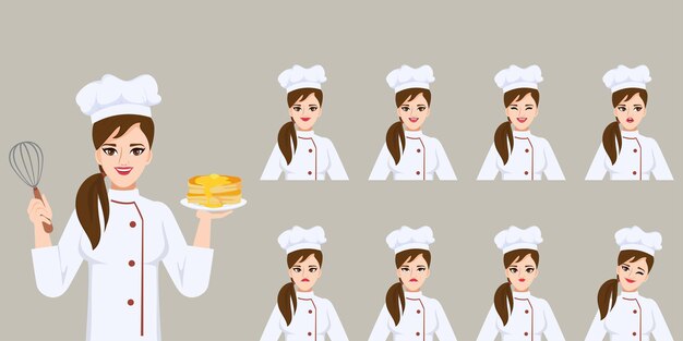 Chef mujer hermosa feliz en carácter de cara de emociones de diferencia