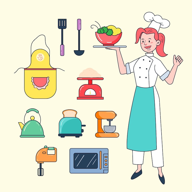Vector gratuito el chef de panadería cocina con sus herramientas de cocina como delantal, volteador, cucharón, balanza, hervidor, tostador, batidor de huevos, licuadora, horno, microondas, vegetales, harina, pan, sombrero.