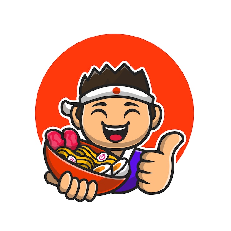 Vector gratuito chef de sexo masculino feliz que sostiene el ejemplo del icono de la historieta de los tallarines de ramen.