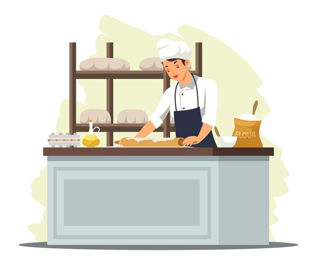 Chef sosteniendo un rodillo para hacer masa de hojaldre para pastel de galletas o pan personaje femenino cocinando comida para el menú del restaurante o cafetería en la mesa de la cocina mujer en uniforme y delantal trabajando