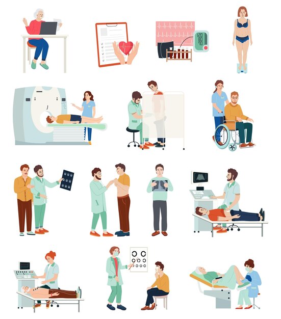 Chequeo médico con símbolos de atención médica ilustración vectorial aislada plana