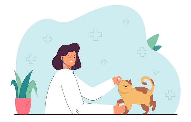Chequeo de salud de gatos por veterinario en clínica veterinaria. Mujer acariciando la ilustración de vector plano gatito feliz. Cuidado de mascotas, concepto de medicina para animales domésticos para banner, diseño de sitio web o página web de inicio
