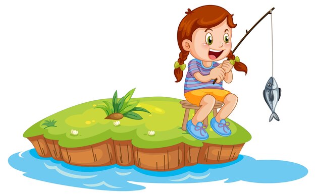 Chica aislada pescando en una pequeña isla