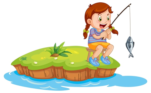 Chica aislada pescando en una pequeña isla