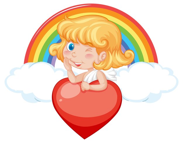 Chica ángel con corazón rojo y arco iris.