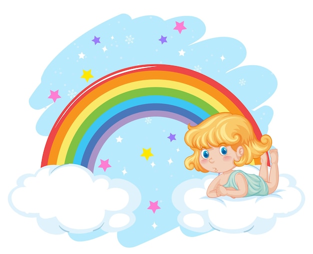 Vector gratuito chica ángel en la nube con arco iris